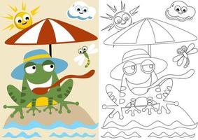 vecteur dessin animé de grenouille dans loisir activité à plage avec libellule et ciel objet, coloration livre ou page