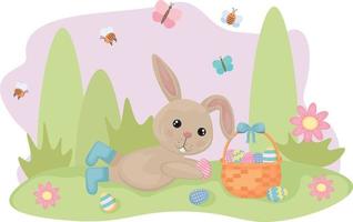 Pâques lapin. une mignonne lapin est mensonge avec une panier de Pâques des œufs. avril. dessin animé lapin. vecteur illustration