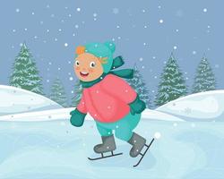 une garçon sur patins. hiver illustration représentant une garçon patinage sur glace. une enfant dans dessin animé style contre le Contexte de une hiver forêt et chute de neige. vecteur illustration