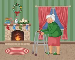 grand-mère dans le Noël intérieur. une sucré vieux Dame est permanent près le cheminée décoré avec Noël accessoires. un personnes âgées femme dans le chambre. vecteur illustration