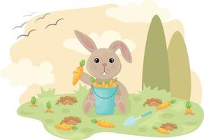 mignonne lapin. un image de une dessin animé lapin avec une seau de carottes. lapin recueille carottes dans le jardin. l'automne illustration. vecteur
