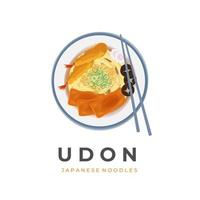 udon soupe vecteur illustration logo avec Tofu, tempura crevette, champignons et morceaux de kamaboko