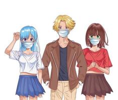 jeunes utilisant des masques faciaux personnages d'anime vecteur
