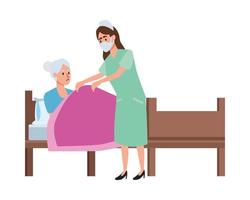 infirmière s'occupant de vieille femme au lit vecteur