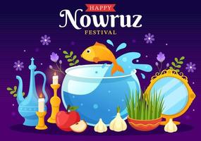 content nowruz journée ou iranien Nouveau année illustration avec herbe semeni et poisson pour la toile bannière ou atterrissage page dans plat dessin animé main tiré modèles vecteur