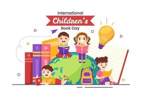 international enfants livre journée sur avril 2 illustration avec des gamins en train de lire ou l'écriture livres dans plat dessin animé main tiré pour atterrissage page modèles vecteur