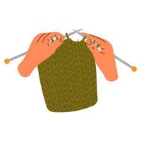 les mains de la femme tricotent avec des aiguilles à tricoter. processus de tricotage. fils de laine, crochet, aiguilles à tricoter. passe-temps, choses faites à la main vecteur