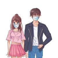jeune couple à l'aide de masques faciaux personnages d'anime vecteur