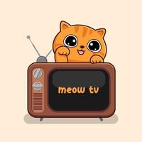 tigré Orange chat au dessus vieux la télé agitant main - rayé Orange chat derrière la télé vecteur