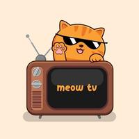 tigré Orange chat au dessus vieux la télé agitant pattes - rayé Orange chat derrière télévision vecteur