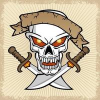 vecteur illustration de crâne avec ruban et double épées sur grunge Cadre frontière