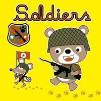 mignonne ours et souris dans soldat costume avec arme, vecteur dessin animé illustration