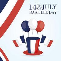 carte de fête de la bastille avec des drapeaux français, des ballons et un chapeau haut de forme vecteur