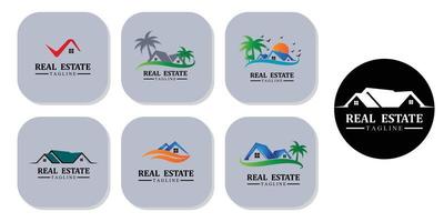 icônes de conception de logo immobilier avec soleil et oiseaux gratuits vecteur