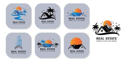 icônes de conception de logo immobilier avec soleil et oiseaux gratuits vecteur