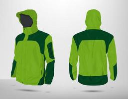 Montagne veste maquette conception vecteur de face et retour voir. parachute veste, polyester. Douane concept. lumière vert et sombre.