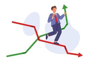 homme d'affaire contrôles le graphique de le économie. croissance et déclin de le économie et gains. plat vecteur des illustrations