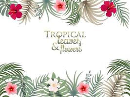 feuilles de palmier cadre tropical, fleurs, feuilles de jungle, illustration vectorielle botanique vecteur