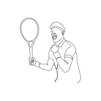 Jeune homme en jouant tennis. un ligne art. tennis joueur avec raquette pendant le correspondre. gagnant, sport vecteur illustration.