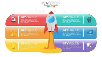 Infographie de démarrage en 6 étapes avec lancement de fusée. concept commercial et financier. vecteur