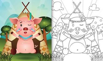 modèle de livre de coloriage pour les enfants avec une illustration de personnage de cochon boho tribal mignon vecteur