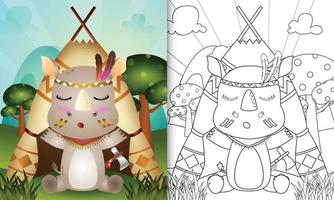 modèle de livre de coloriage pour les enfants avec une illustration de personnage de rhinocéros tribal boho mignon vecteur