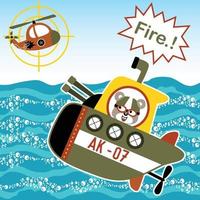 marrant ours dans sous-marin avec hélicoptère, océan guerre, vecteur dessin animé illustration