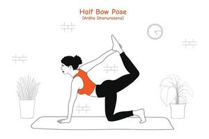 Femme faisant du yoga asana demi-arc pose ou ardha dhanurasana dans un style plat dessiné à la main vecteur