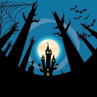 halloween maison hantée avec des arbres et des chauves-souris vector design