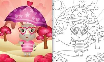 Livre de coloriage pour les enfants avec un joli rhinocéros tenant un parapluie sur le thème de la Saint-Valentin vecteur