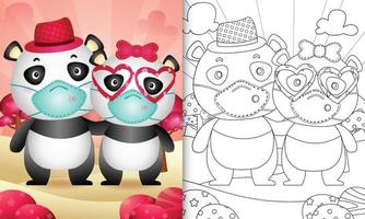 Livre de coloriage pour les enfants avec un joli couple de panda de la Saint-Valentin utilisant un masque protecteur vecteur