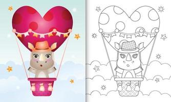 Livre de coloriage pour les enfants avec un joli rhinocéros mâle sur la montgolfière sur le thème de l'amour Saint Valentin vecteur