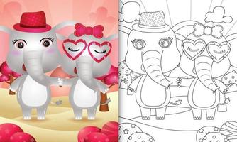 livre de coloriage pour les enfants avec un joli couple d'éléphants sur le thème de la saint-valentin vecteur