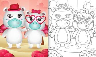 Livre de coloriage pour les enfants avec un joli couple d'ours polaires de la Saint-Valentin utilisant un masque protecteur vecteur