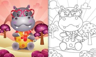 livre de coloriage pour les enfants avec un hippopotame mignon sur le thème de la saint valentin vecteur