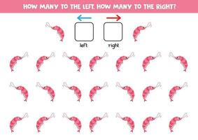 la gauche ou droite avec mignonne dessin animé crevette. logique feuille de travail pour enfants d'âge préscolaire. vecteur