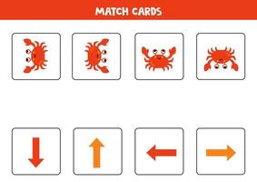 gauche, droite, en haut ou bas. spatial orientation avec mignonne dessin animé crabe. vecteur