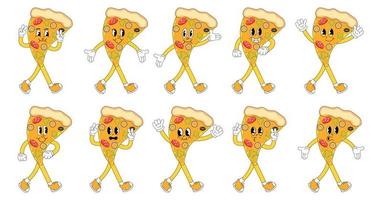 une ensemble de Pizza dessin animé sensationnel autocollants avec marrant bande dessinée personnages, ganté mains. moderne illustration avec jambes et bras. vecteur