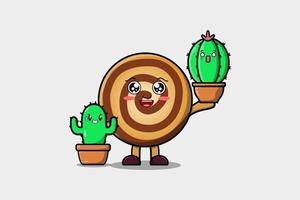 mignon, dessin animé, biscuits, caractère, tenir, cactus, plante vecteur