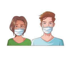 jeune couple avec des masques médicaux vecteur