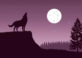 silhouette de une Loup hurlement sur le colline à nuit, vecteur illustration.