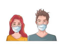 jeune couple avec masque médical vecteur