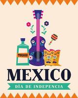 fête de l'indépendance du mexique avec tequila, guitare et bottes vecteur