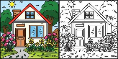 printemps maison avec jardin coloration illustration vecteur