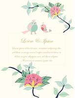 bordure de fleurs de carte de mariage avec 2 oiseaux vecteur