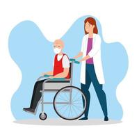 vieil homme en fauteuil roulant avec médecin vecteur
