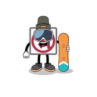 mascotte dessin animé de non la gauche ou u tour route signe snowboard joueur vecteur