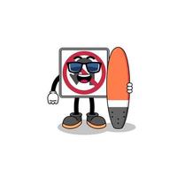 mascotte dessin animé de non u tour route signe comme une surfeur vecteur