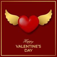 content la Saint-Valentin journée salutation carte. rouge 3d cœur avec d'or ailes sur rouge Contexte. vecteur