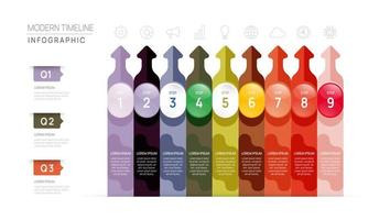 infographie chronologie diagramme modèle pour entreprise. 9 pas moderne feuille de route avec La Flèche cercle les sujets, pour vecteur infographies, couler graphiques, présentations.